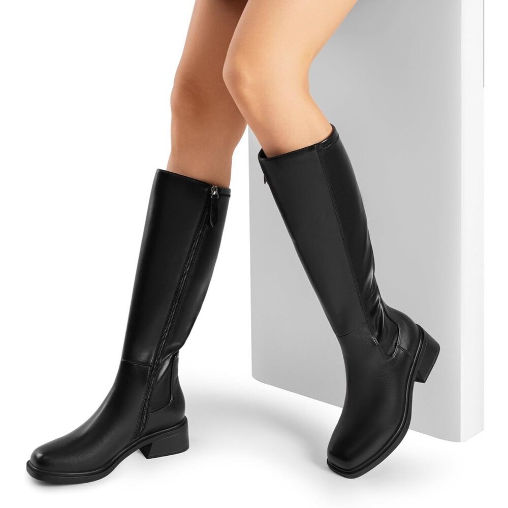 Women's Black Block Heel Casual Long Boots Knee High Side Zipper Faux Leather - Picture 6 of 6